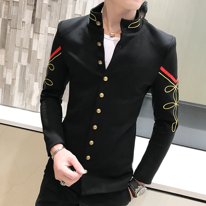 

4 Color Gold Button Chinese Collar Suit Jacket Slim Fit Mens Blazer Pattern Army Pilot Jacket Men Black Blue Red White Blazer