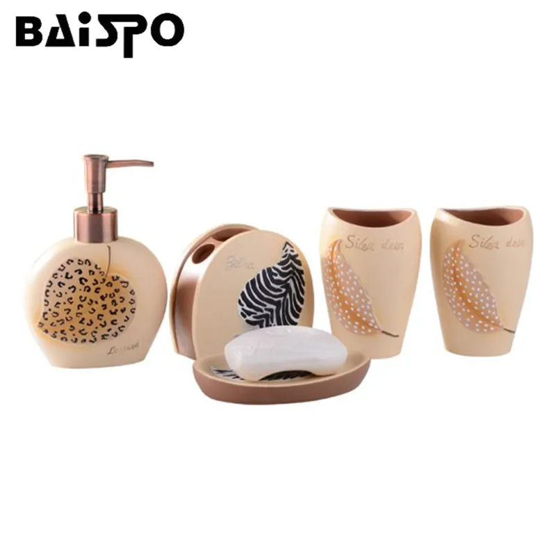 

BAISPO Bathroom Accessories Set 5Pcs/set Romantic Resin Soap Holder Dishes Toothbrush Cup Liquid Soap Dispenser Exquisite Gift