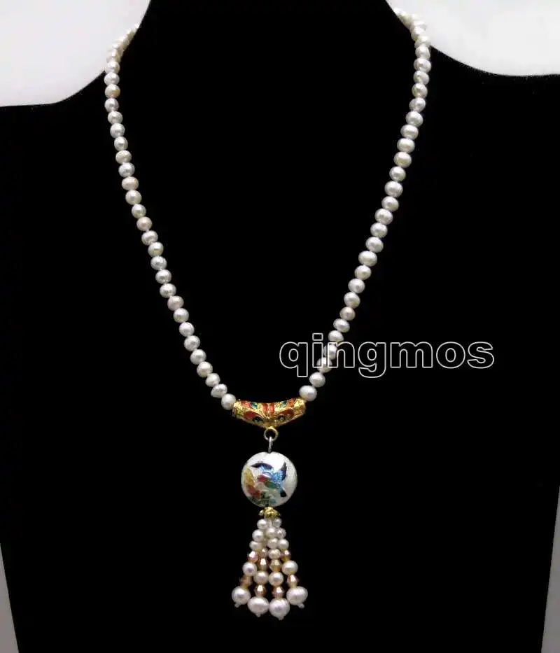 

5-6mm White Round Natural Pearl with 18mm Cloisonne & Orange crystal pendant 18'' Necklace-nec6389 wholesale/retail Free ship