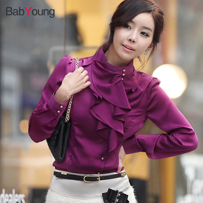 

BabYoung New Elegant Long Sleeve Shirt Women Spring Autumn Fashion Formal Slim Silk Blouse Office Ladies plus size Tops