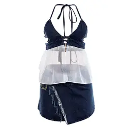 Комплект из двух предметов, женская летняя укороченная юбка без рукавов, повседневные комплекты, пикантная Клубная одежда, ажурный жилет
