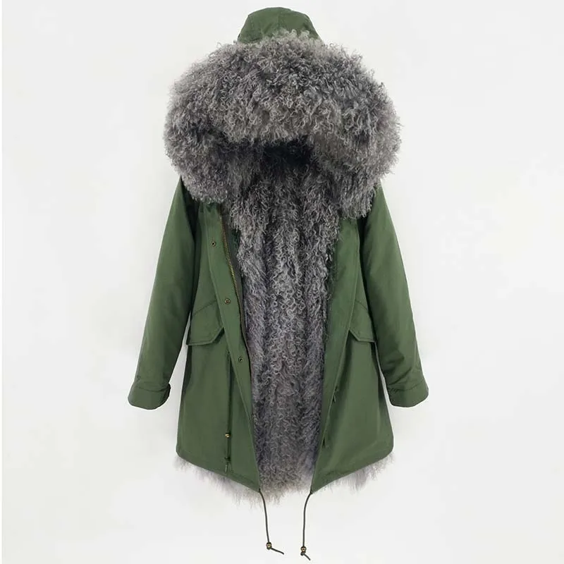 2018 women real fur parka lady natural mongolian fur lining big fur collar detachable streewear very keep warm