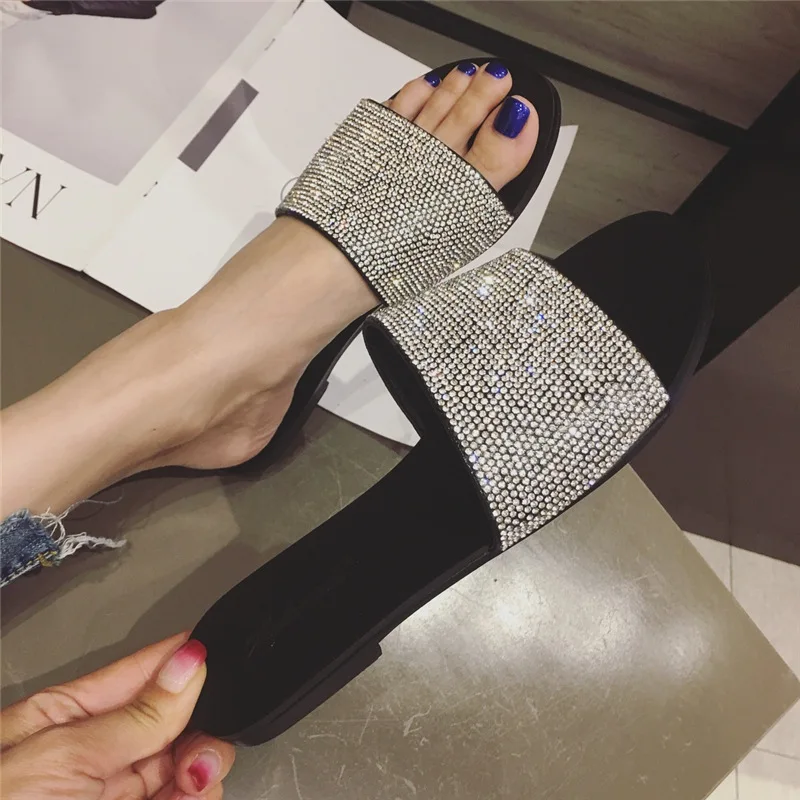 

Sweet Fashion New Slippers Outdoor Crystal Open Toe Flat Slides Summer Anti-slip Solid Shoes