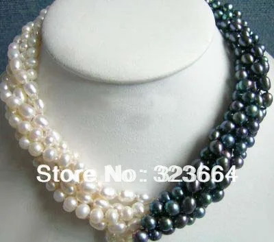 

charm 6 rows Genuine Black White Pearl necklace