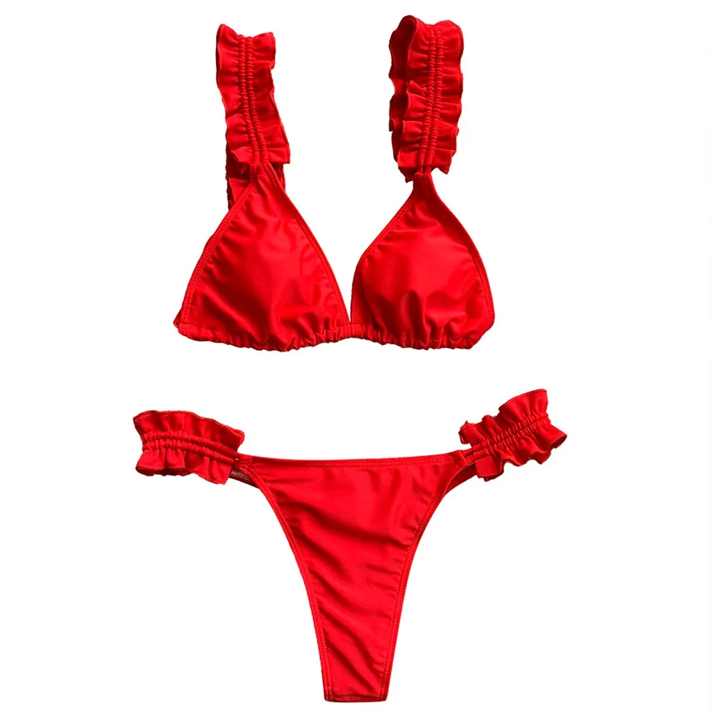 Для женщин Два Купальник Strappy однотонный бикини купальник с рюшами пляжная красный пикантный зауженный с высокой costumi da bagno donna