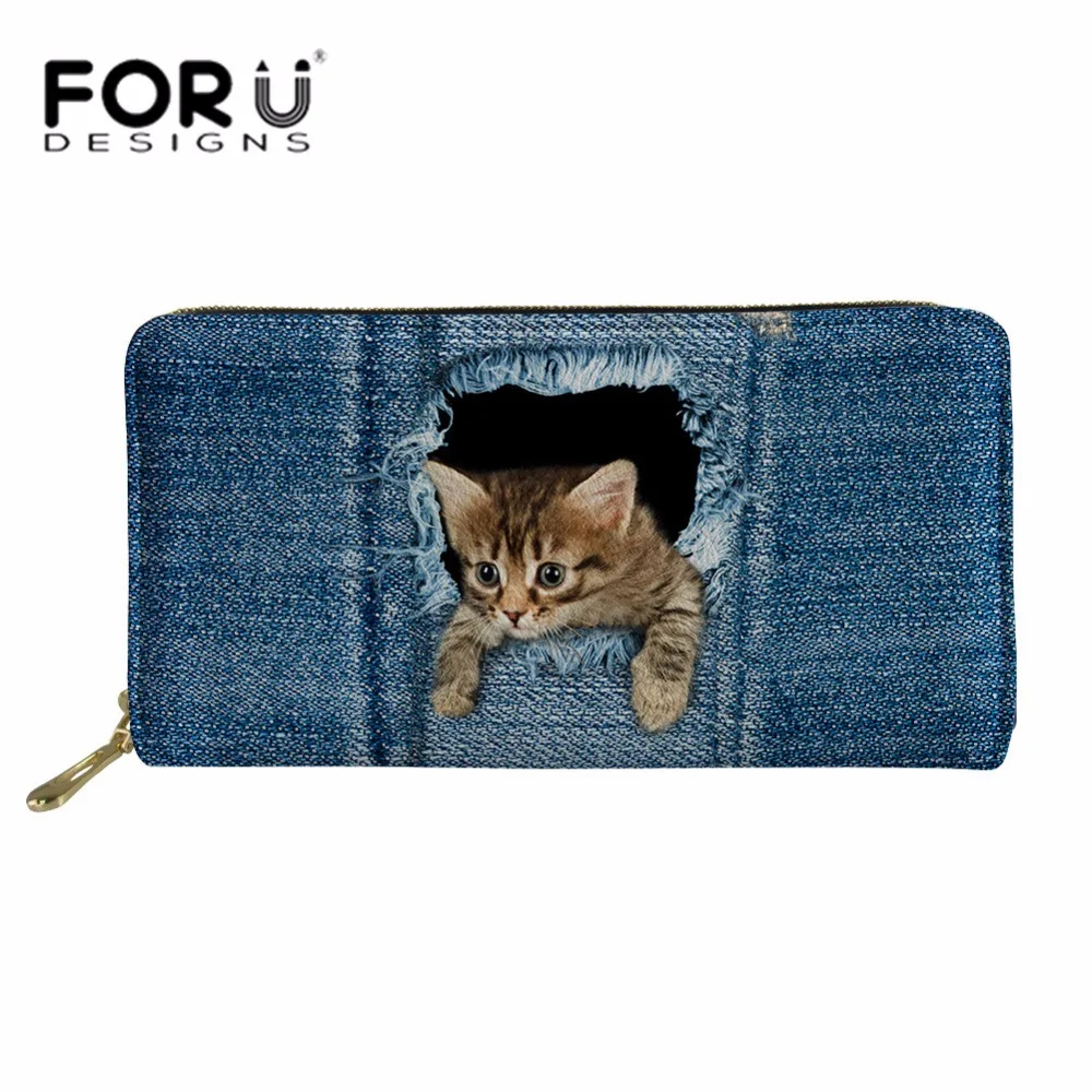 

FORUDESIGNS Denim Animal Cat Printing Wallet Long Female Casual Zipper Cluth Phone Card Holder for Girls Kawaii Money Coin Bag