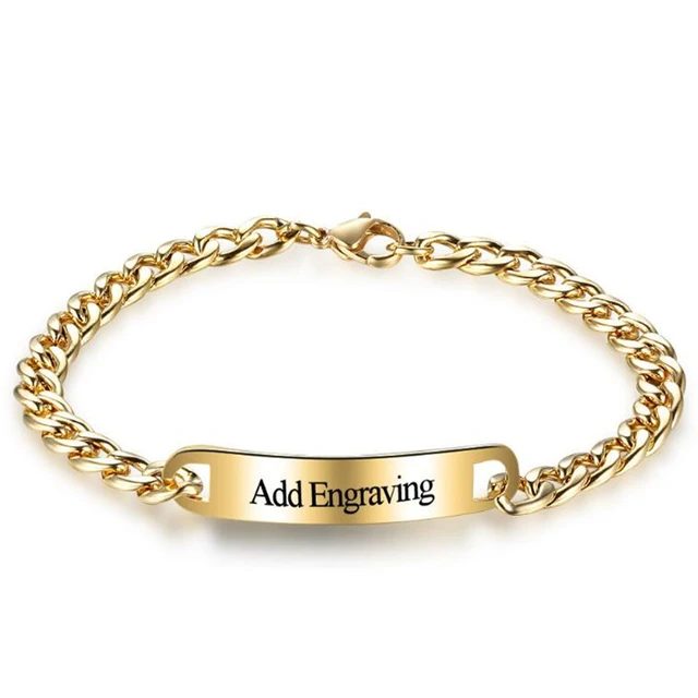 316l Custom Engraved Bar Bracelet Women Men Jewelry Link Chain 316l Custom Engraved Bar Bracelet Women Men Jewelry Link Chain Gold Color Thick Cuban
