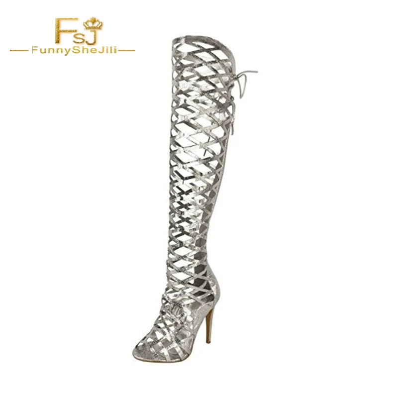 silver knee high gladiator heels