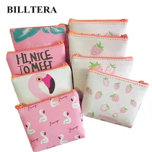 Женские кошельки из искусственной кожи с милым фламинго, маленький женский кошелек, Женский кошелек для мелочи, маленький карман на молнии с розовой птицей и клубничкой для девочек