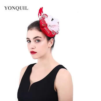 

nice sinamay base fascinators with Simulation flower core wedding feather hair accessories red cocktail hats New arrival SYF359