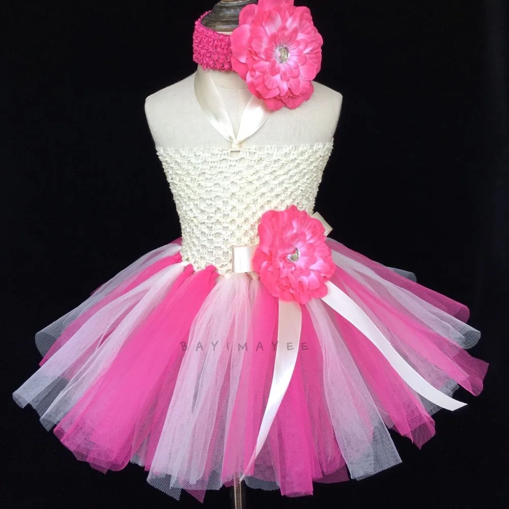 

Girls Pink Ivory Tutu Dress Kids Fluffy 2Layers Crochet Tulle Strap Dress Ballet Tutus with Flower Headband Children Party Dress