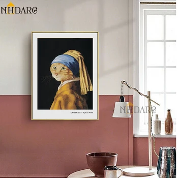 

NHDARC Canvas Printings Poster and Painting Cat With A Pearl Earring Creative Art Home Decoration Wall Picture Art