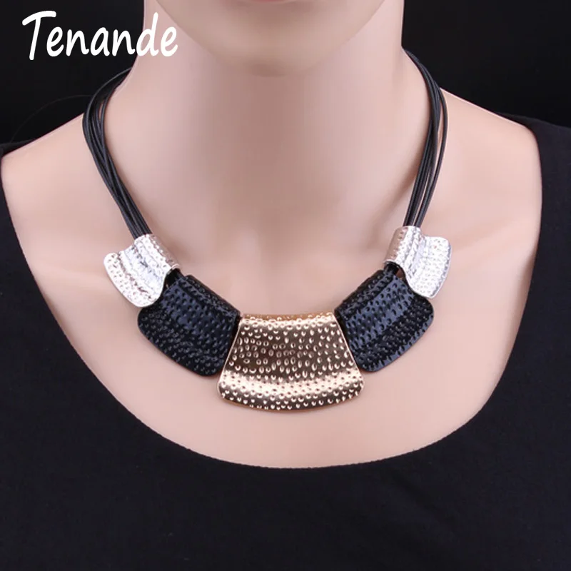 

Tenande New Fashion Black Rope Chain Big Statement Alloy Geometric Patterns Necklaces & Pendants for Women Jewelry Accessories