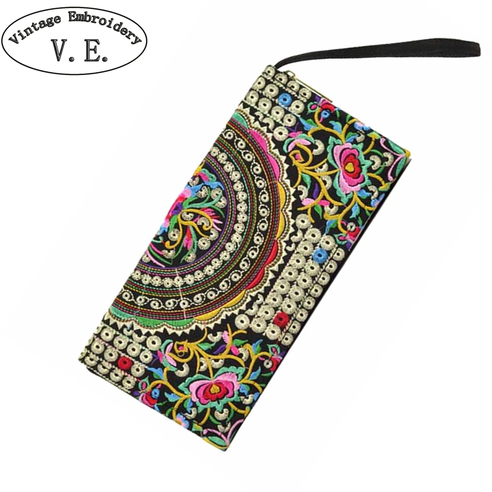 

Vintage Embroidery Women Wallets Handmade Flowers Embroidered Long Purse Beach Travel Small Day Clutch Woman Coins Bag