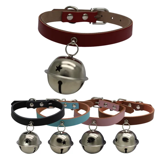 Puppy Dog Leather Collar With Big Bell Jingle Pet Necklace Fashion Cute