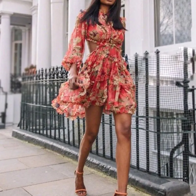 

Sexy Backless Long Lantern Sleeve Ruffled Dress Red Floral Print Mini Dress 2019 Summer Women Beach Dress Vestidos