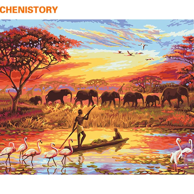 CHENISTORY Elephant Sunset Diy Painting By Numbers Landscape Modern Wall Art Canvas Hand Painted Unique CHENISTORY Elephant Sunset Diy Painting By Numbers Landscape Modern Wall Art Canvas Hand Painted Unique
