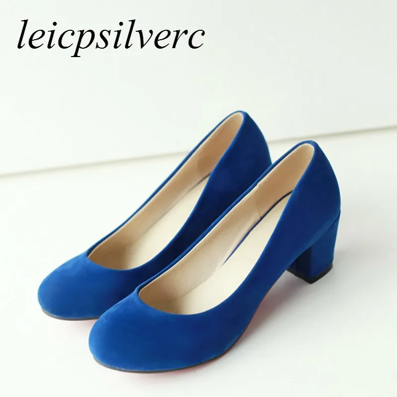 

Women Pumps High Heels Round Toe Slip-on Flock 2019 Sexy New Fashion Square Heel Spring Autumn Party Wedding Shoe Red Blue