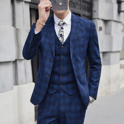 Пиджак+ жилет+ брюки) мужской модный синий клетчатый Свадебный костюм жениха/мужской повседневный деловой костюм большого размера s-5 xl - Цвет: Синий
