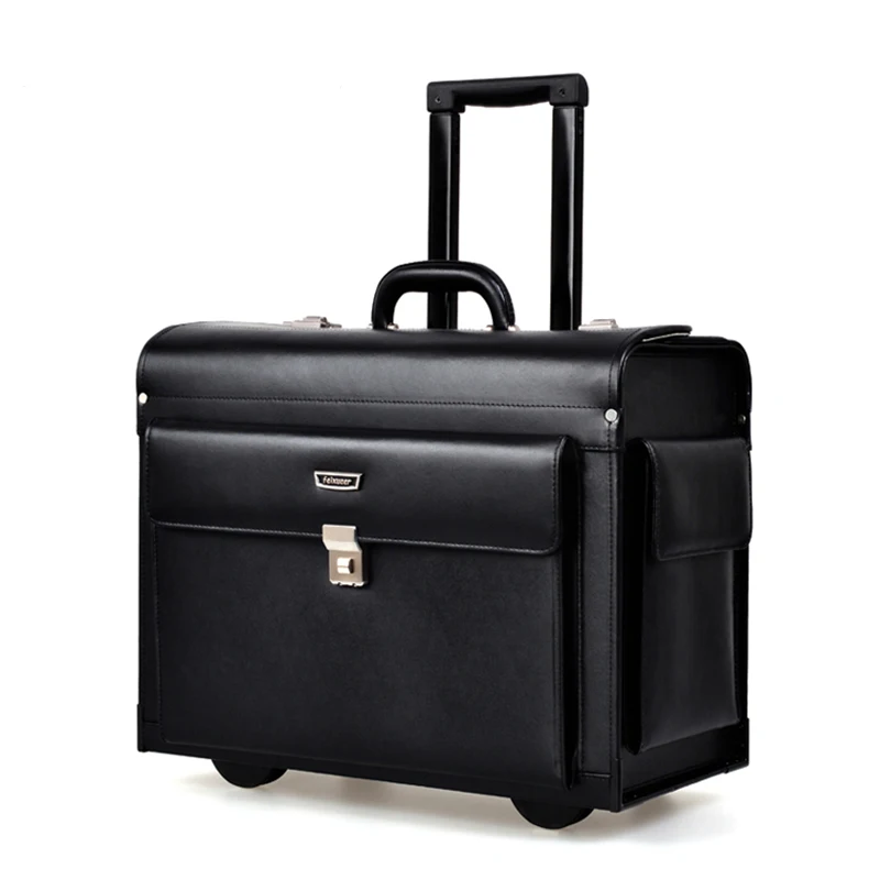 Роскошный кожаный бизнес-чемодан на колесиках, капитан, багаж на колёсиках, для женщин, Модный Дорожный чемодан, для мужчин, пансион, черный, хит - Цвет: Black OH-2