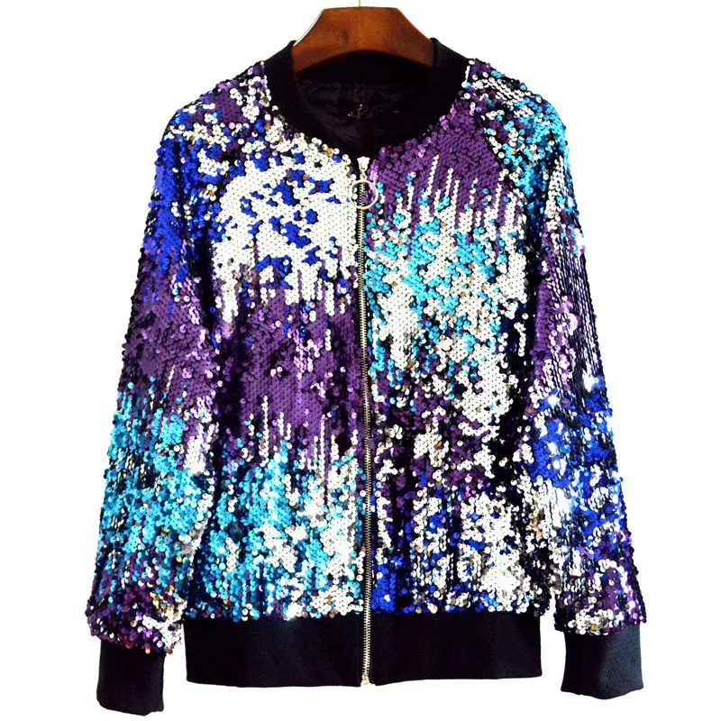 2018 Autumn Women Basic Jackets Sequins Zipper O neck