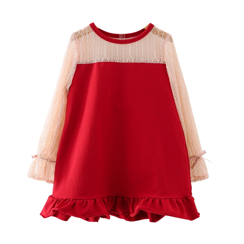 

Girls Dresses 2019 Spring New Children's Clothing Girls Fashion Sweet Ppenwork Lace Stitching Long-Sleeved Ruffle Dress