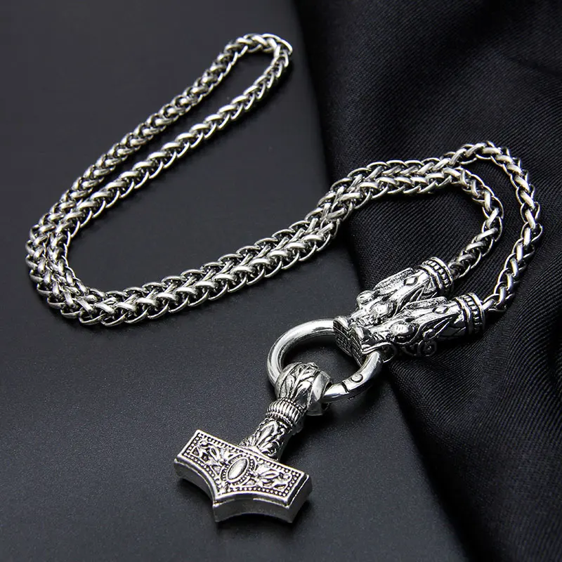 Men Double Wolf Head Viking Necklace Pendant Antique Silver Plated High Quality Chain Necklace Hammer Talisman Ethnic Jewelry Men Double Wolf Head Viking Necklace Pendant Antique Silver Plated High Quality Chain Necklace Hammer Talisman Ethnic Jewelry
