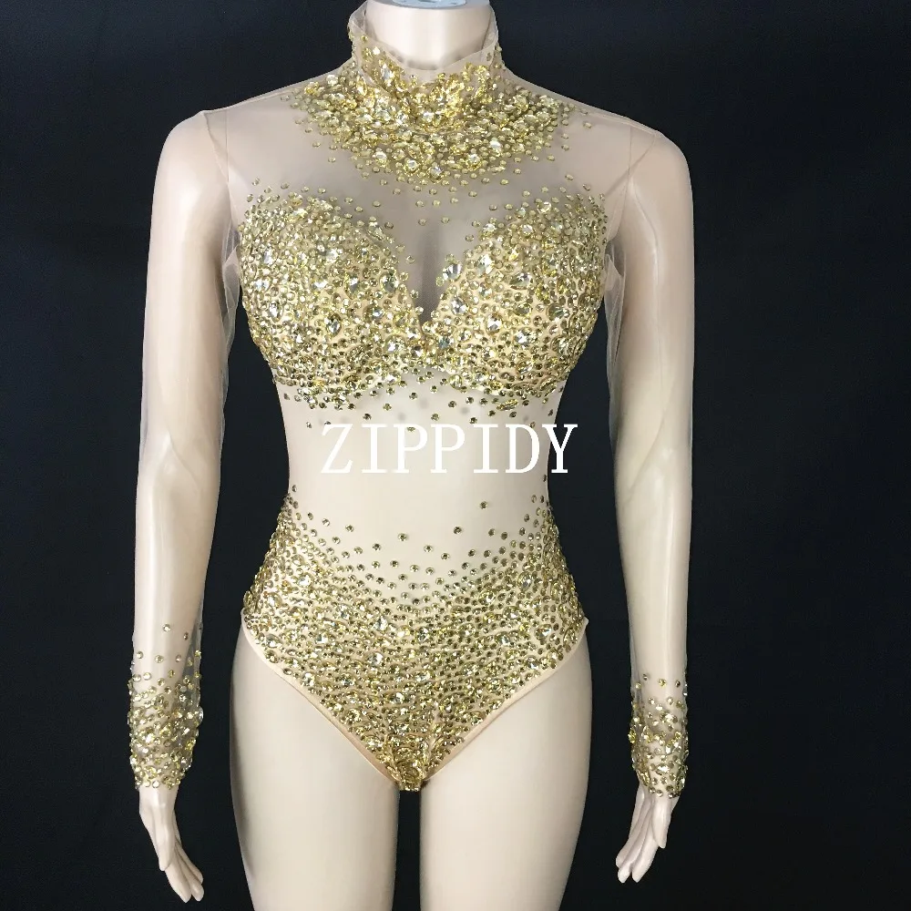 Women's Fashion Red Gold Crystals  Mesh Bodysuit long Sleeves Stretch Sexy Perspective   Celebrate luxurious Leotard