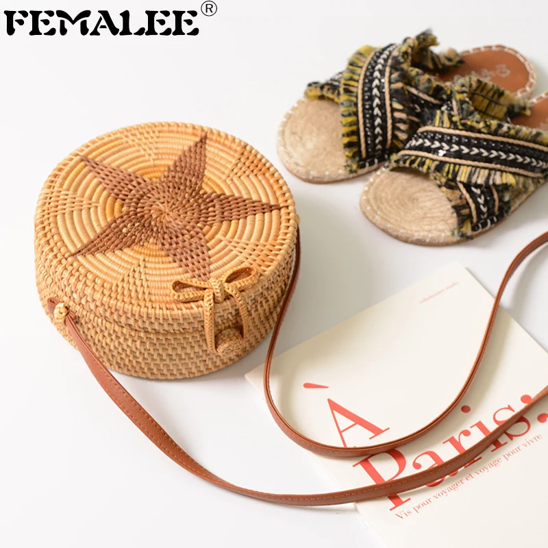 

FEMALEE ins Bali Island handwoven bag straw handbag Tour resort beach rattan bag Butterfly knot Star Pattern Crossbody Round Bag