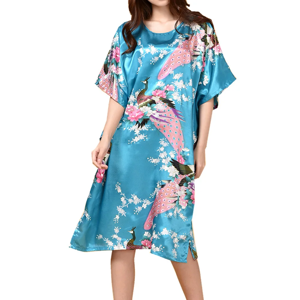 Lu's шикарная Женская атласная ночная рубашка, шелковое Ночное платье с павлином, рукав «летучая мышь», платье для сна, свободная Пижама
