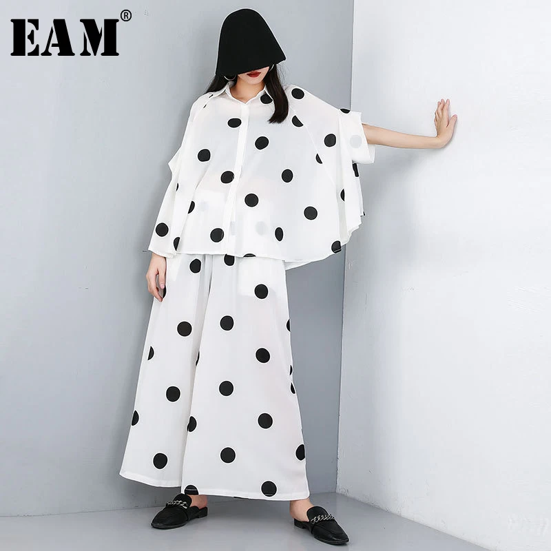 

[EAM] 2019 New Autumn Winter Round Neck Three-quarter Sleeve Dot Printed Loose Wide Leg Pants Two Piece Suit Women Fashion JW559