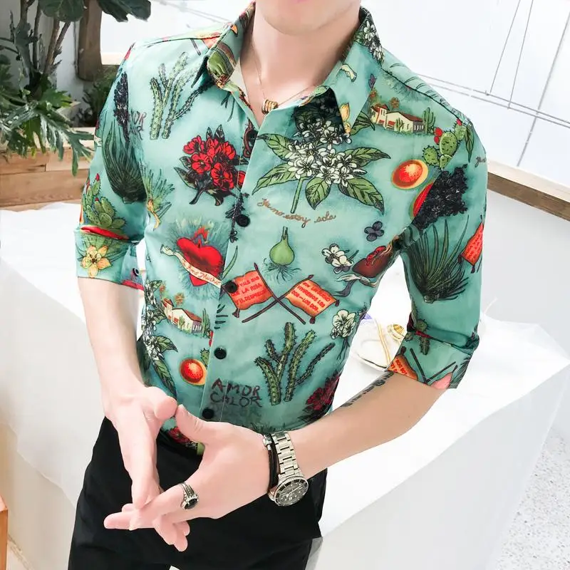 

Luxury Social Shirt Male Flower Hawaiian Shirt Mens Clothing Half sleeve Green Blouse Men Slim Fit Summer Hip hop