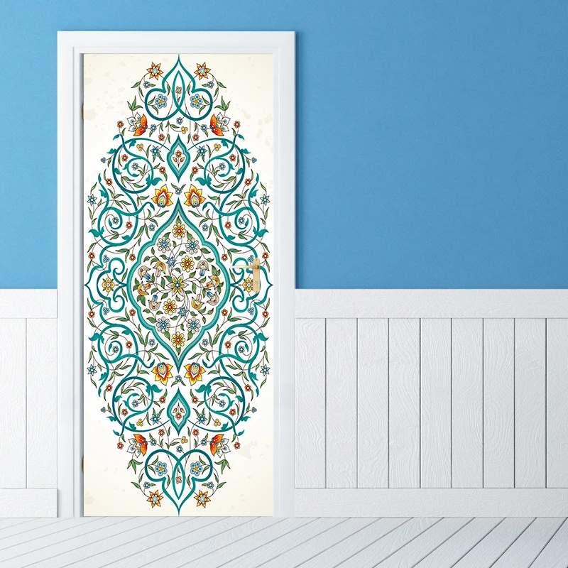 Новое поступление синий цветок исламские узоры двери ПВХ Плакат Наклейка Стикер Бог самоклеящиеся обои спальня домашний декор