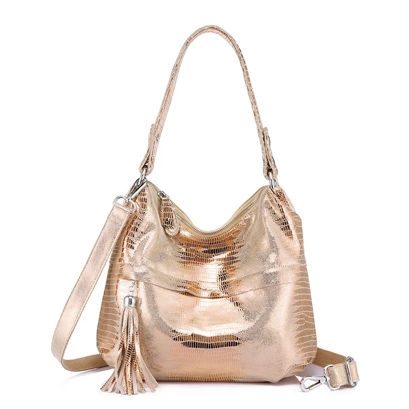 REALER женcкая сумка на плечо из натуральной кожи, женская сумка через плечо с животным принтом, женская сумка мешок с кисточкой цепью - Цвет: Rose gold