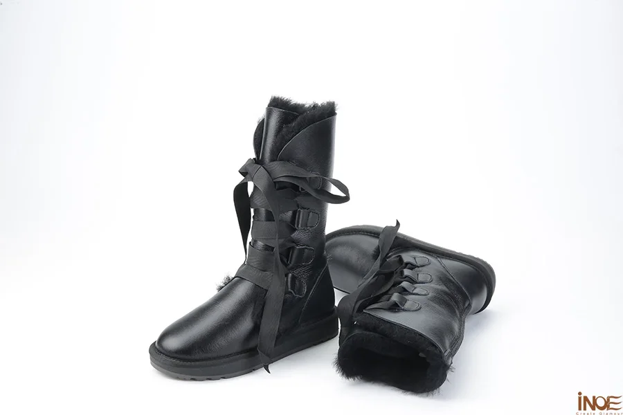 INOE модные женские зимние ботинки на шнуровке из овечьей кожи Натуральная овечья шерсть зимняя обувь на меху для девочек полусапоги до середины икры на плоской нескользящей подошве водонепроницаемая черная обувь