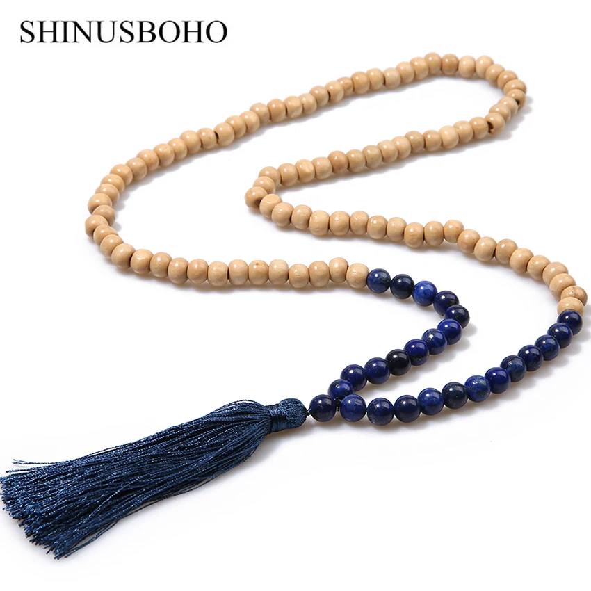 

SHINUS BOHO Bohemian Statement Necklaces for Women Wooden Beads & Semi-precious Stones Strand Necklace Long Tassel Charm Jewelry