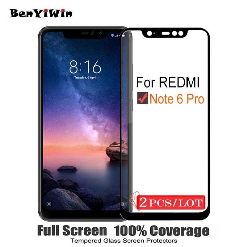 

2PCS Screen Protector Tempered Glass 100% Full Cover For Redmi note 6 Pro 9H Scratch Proof Protective Film For note6 Pro Glass