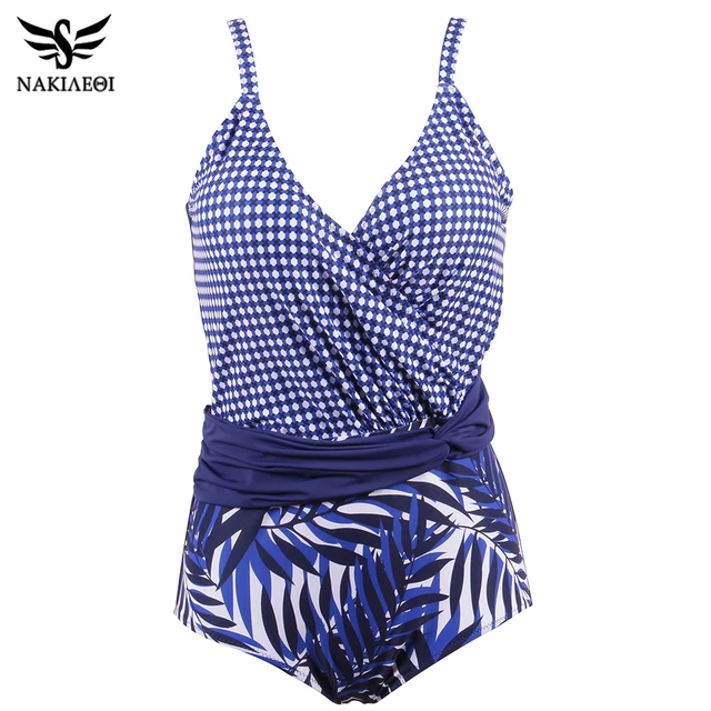US $10.56 NAKIAEOI Plus Size Swimwear Women One Piece Swimsuit 2019 Retro Vintage Bathing Suit Beachwear Patc