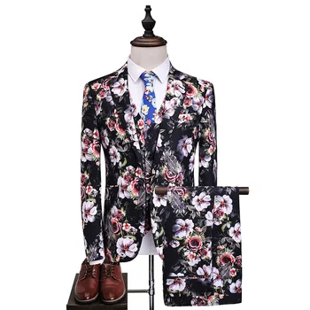 

2018 new high quality Men's Suit Set Floral printed Three-piece suits Single Button Formal Tuxedos Flowers Print Party Wedding