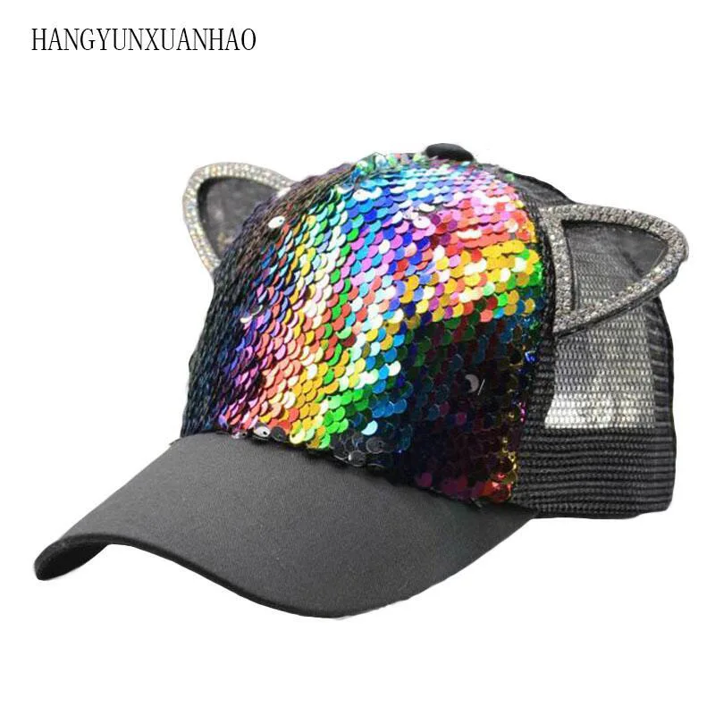 

2019 Cotton Sequins Breathable Mesh Baseball Cap Adjustable Snapback Cat Ears Sequins Hat Hats For Children And Adults