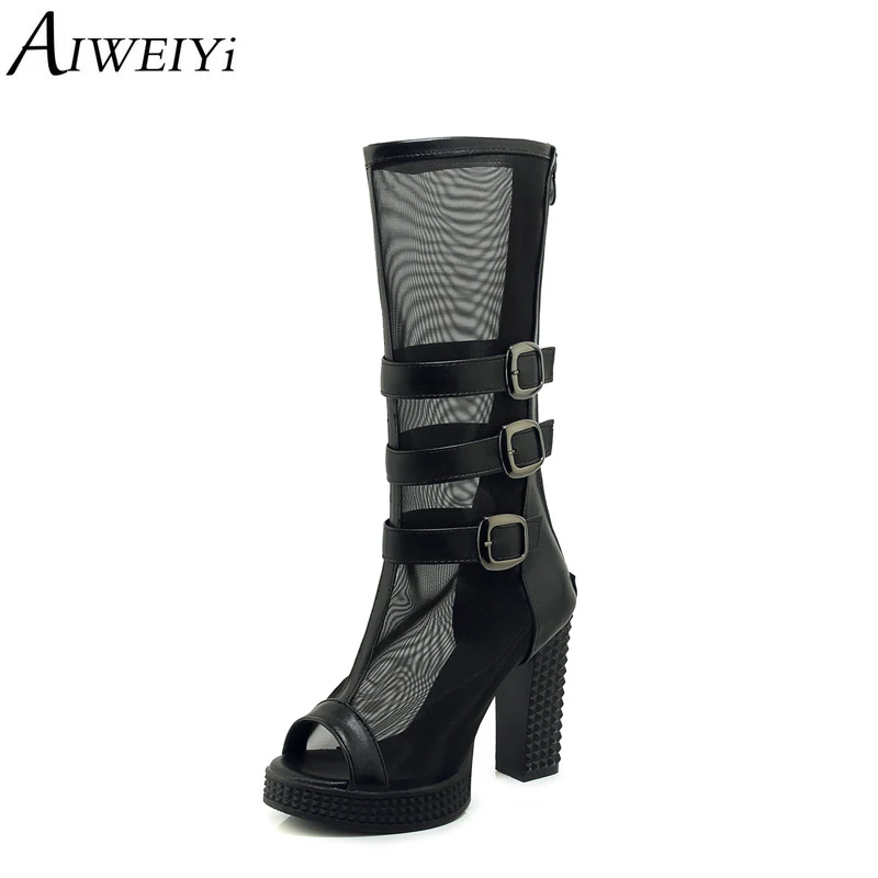 

AIWEIYi Summer Boots for Women Black High Heels Mid-calf Boots Open toe High Heels Boots Cutouts Sandals