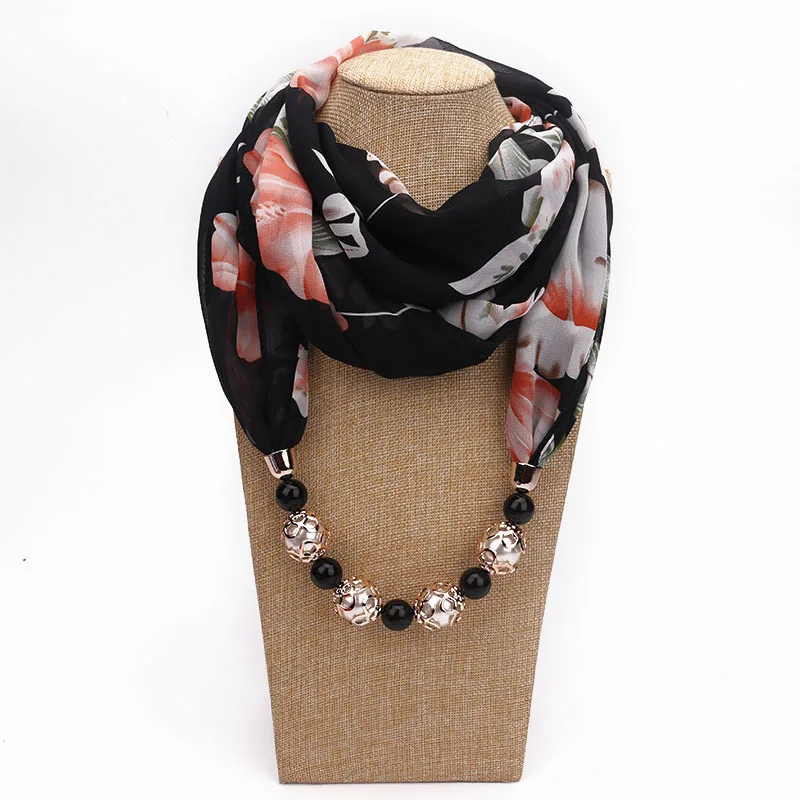 

Fashion Beaded Pendant Jewelry Bohemia Multi-functional Dress Necklace Scarf New Women's Printed Chiffon Scarf Muslim Turban