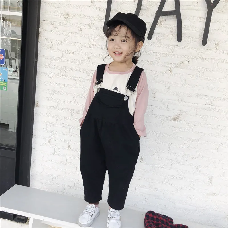 

2019 Spring New Korean Version of the Girl Black and White Twill Strap Pants Children's Trousers Loose