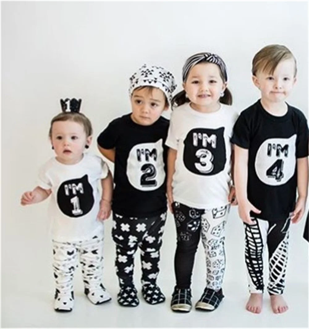 

Baby Boys Shirt Girl T-shirts Children 1 2 3 4 Year Birthday Tee Tops Clothes White Black Shirts For Unisex Infant Party Wear
