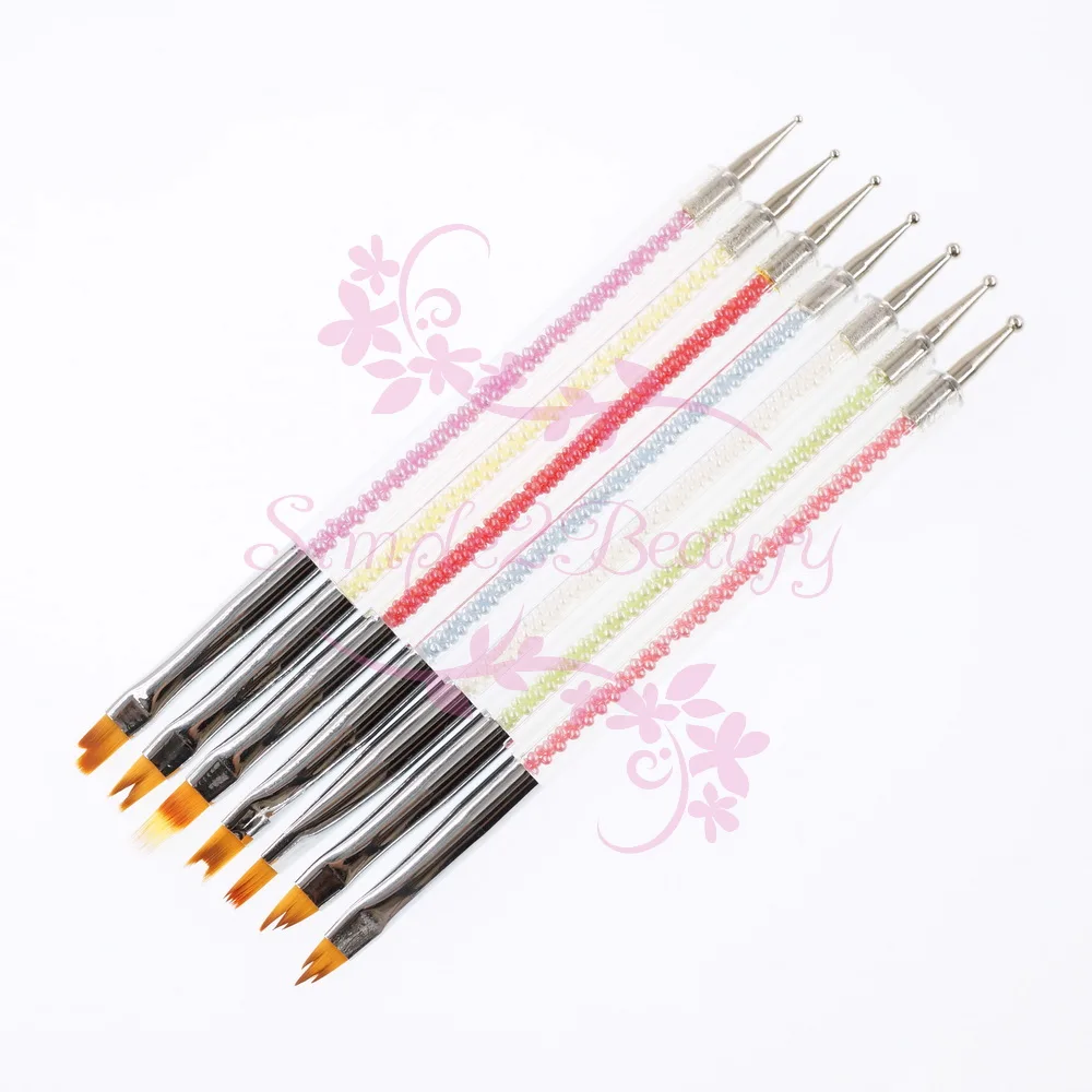 1 Set Faux Pearl Decor Handle Double Head Flower Petal Detail Painting Drawing Dotting Pen Brushes Nail Art Manicure Tool |