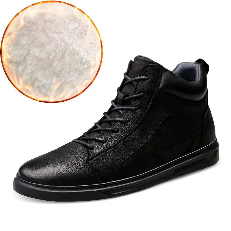 

High Quality Men High Top Casual Leather Shoes Black Winter Cotton Flat Shoes for Men Warm Smooth New Genuine Leather Big Size45