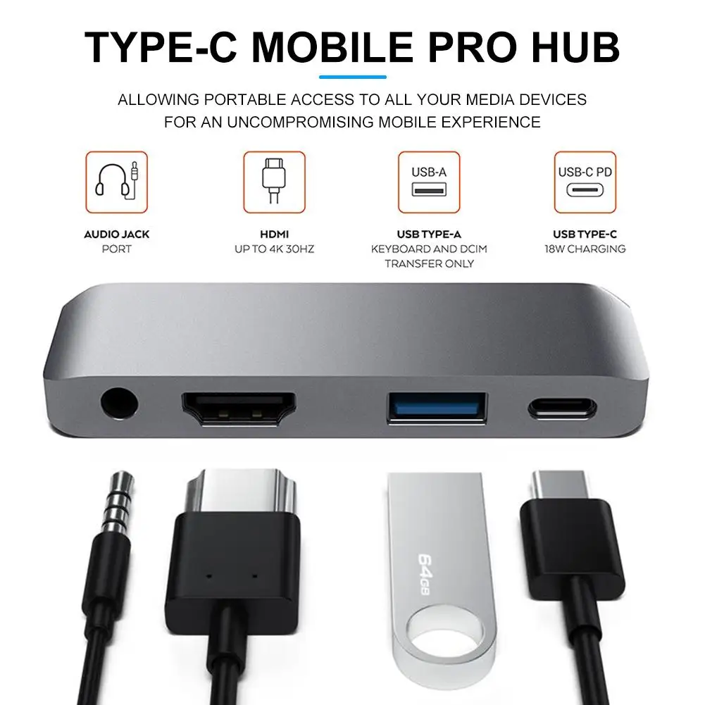 Алюминиевый type-C мобильный Pro концентратор адаптер с USB-C PD Зарядка 4K HDMI USB 3,0 3,5 мм разъем для наушников для iPad Pro