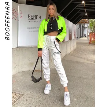 

BOOFEENAA Streetwear Cargo Pants Women Joggers Sweatpants High Waist Harem Pants with Chain Hip Hop Casual Trousers C67-AG21