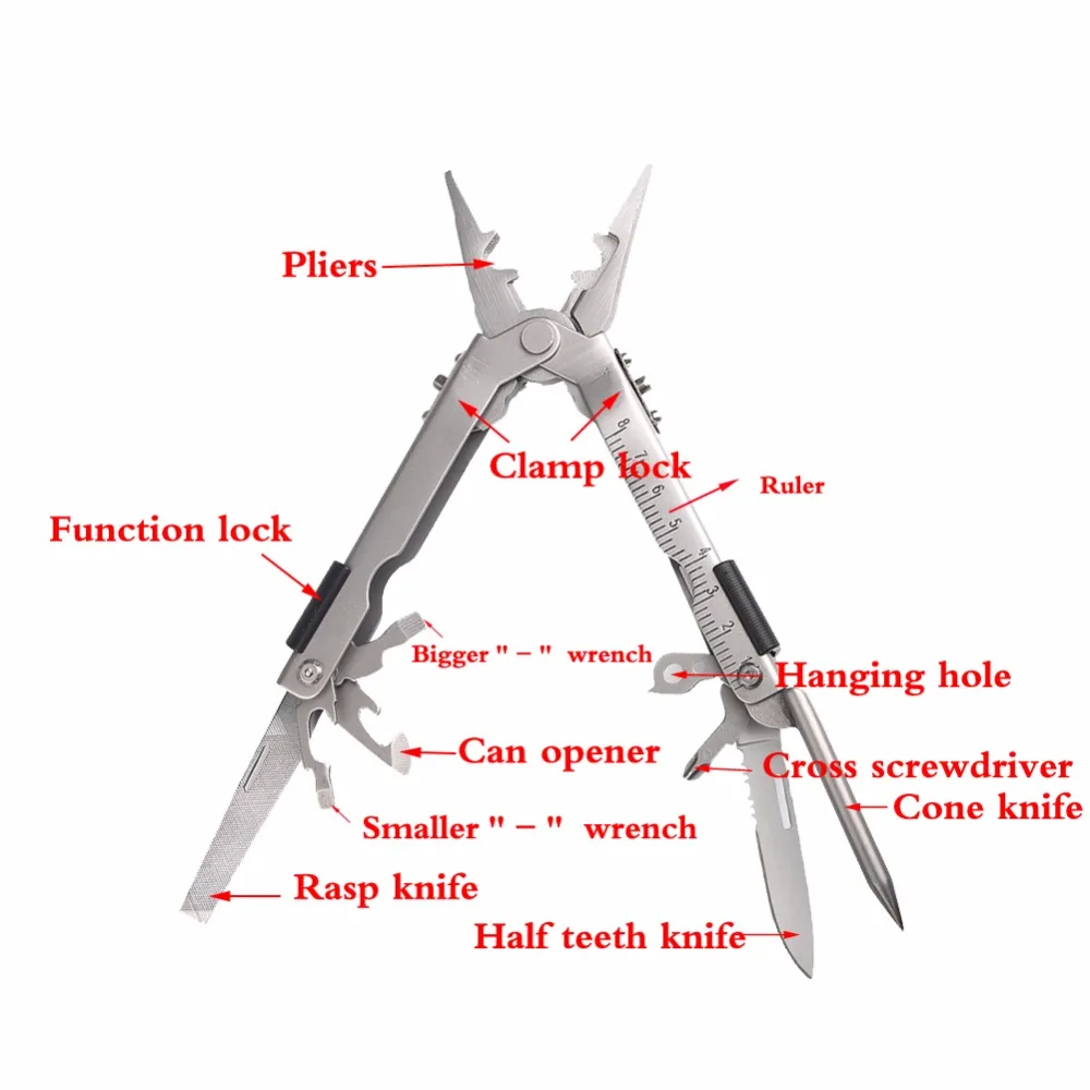 

Multifunction Stainless Steel Pilers Screwdriver for Outdoor Camping Hiking Bottle Opener Cutter Needlenose Multi Tools with Bag