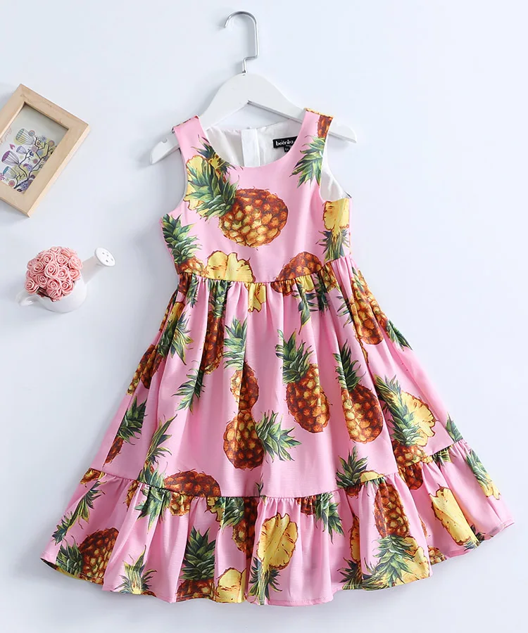 Summer Kids Clothes 100-160cm children pineapple sleeveless students big hem full patchwork sundress girls holiday beach dresses